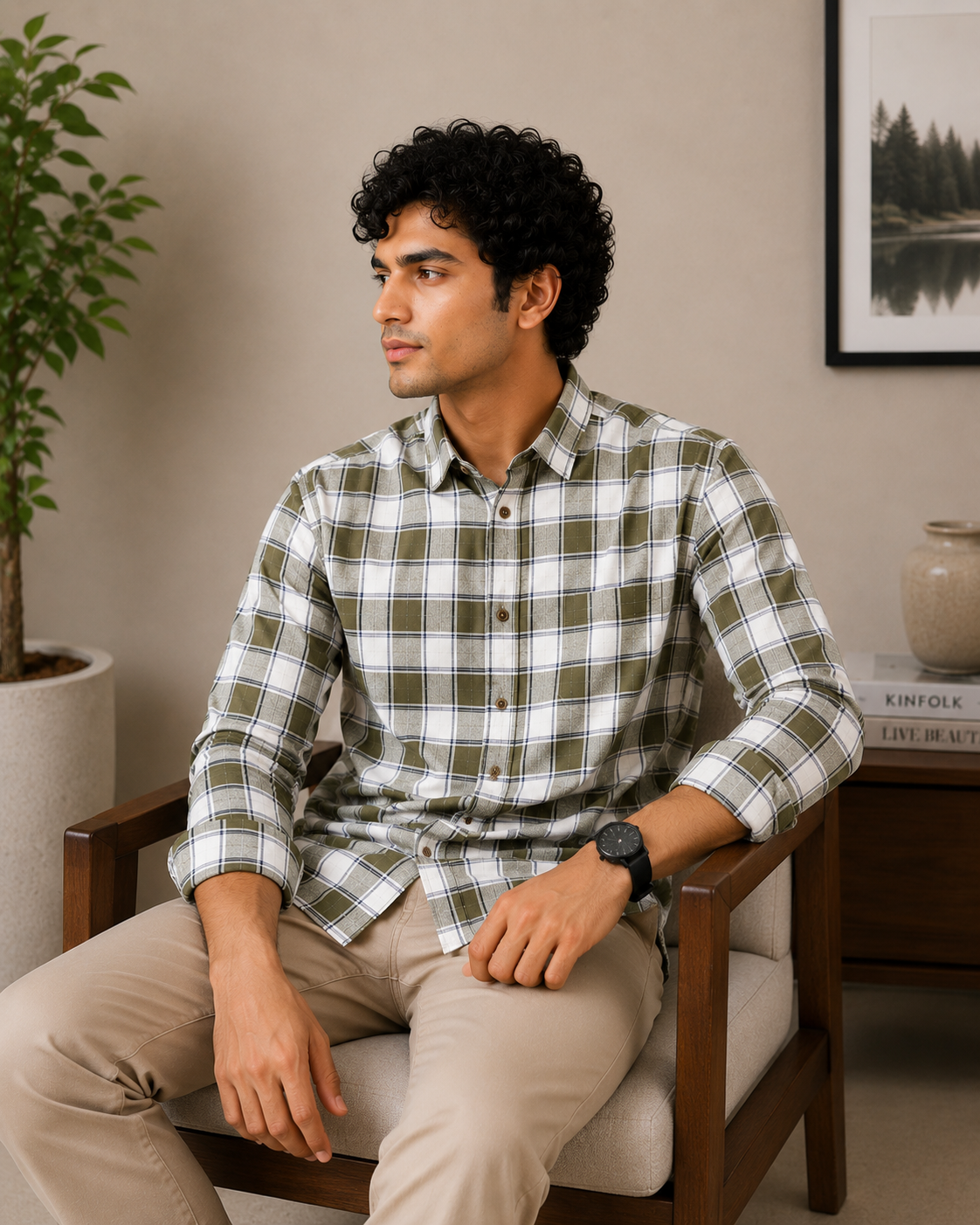 Olive Green & White Plaid Full Sleeve Men's Shirt