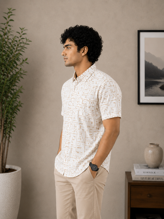 Off-White Abstract Print Half Sleeve Men's Shirt