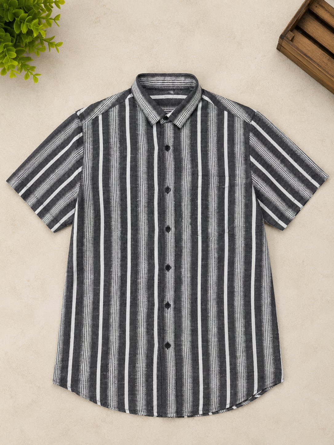 Charcoal Grey & White Striped Half Sleeve Men's Shirt