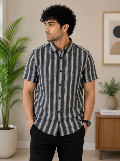 Charcoal Grey & White Striped Half Sleeve Men's Shirt