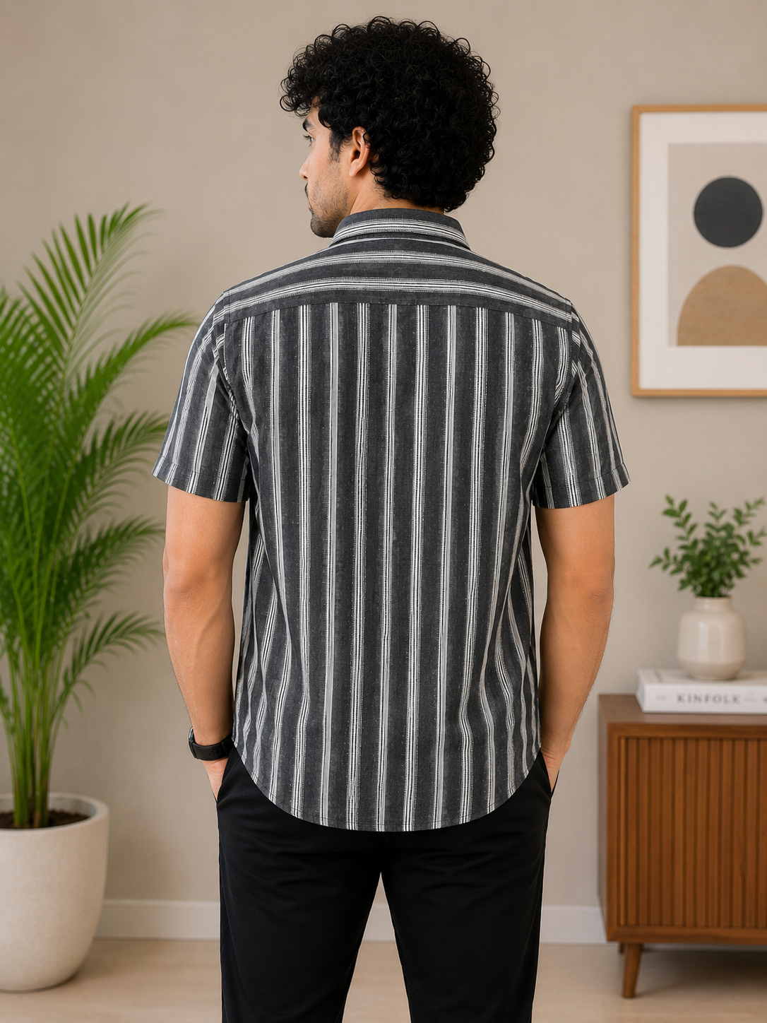 Charcoal Grey & White Striped Half Sleeve Men's Shirt