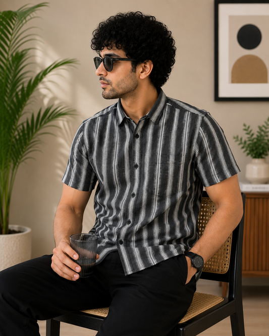 Charcoal Grey & White Striped Half Sleeve Men's Shirt