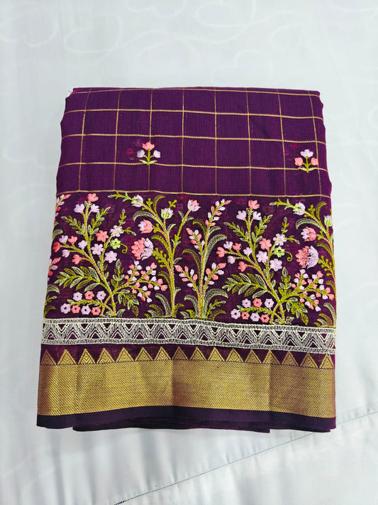 Mangalagiri Cotton Saree with Zari Checks & Floral Embroidery