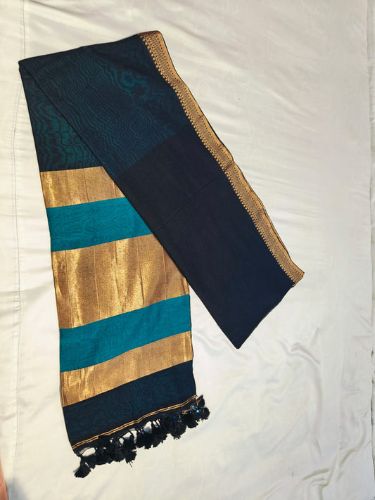 Mul Cotton Saree with Gold Zari Border - Color Block Design