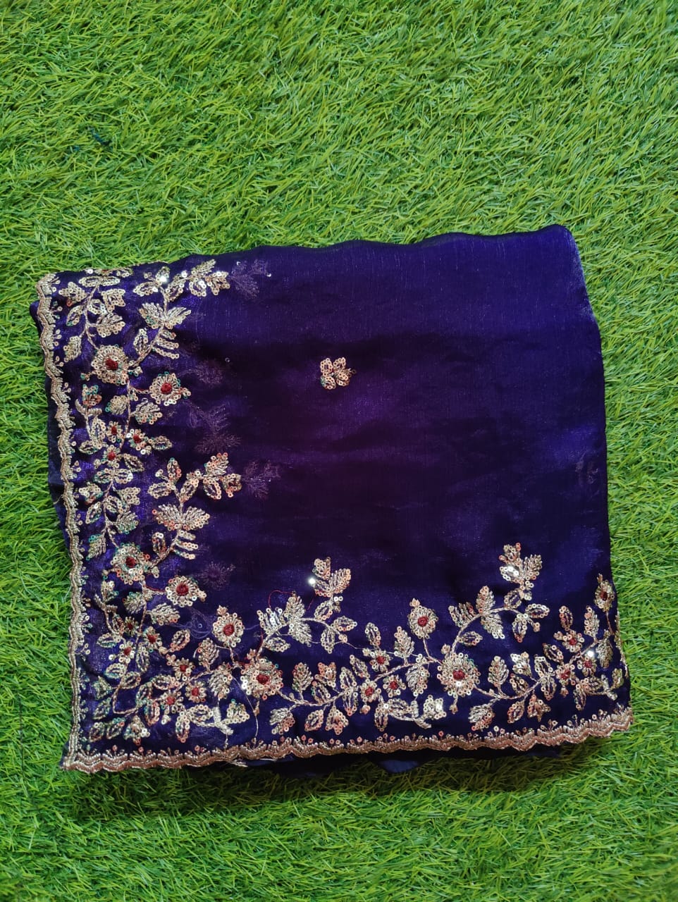 Elegant Navy Blue Ombre Saree with Silver Crystal Embellished Border