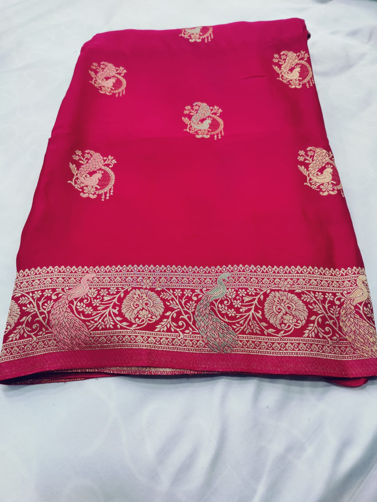 Banarasi Satin Saree with Silver Zari Peacock Embroidery