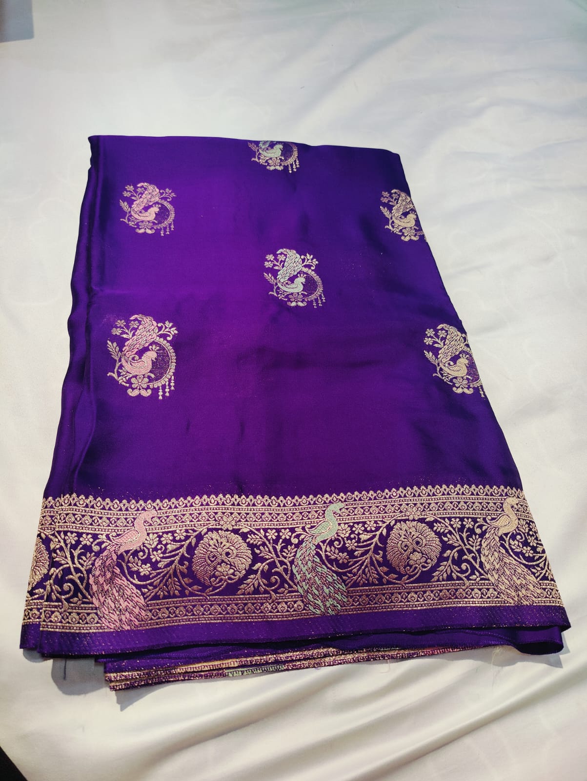 Banarasi Satin Saree with Silver Zari Peacock Embroidery