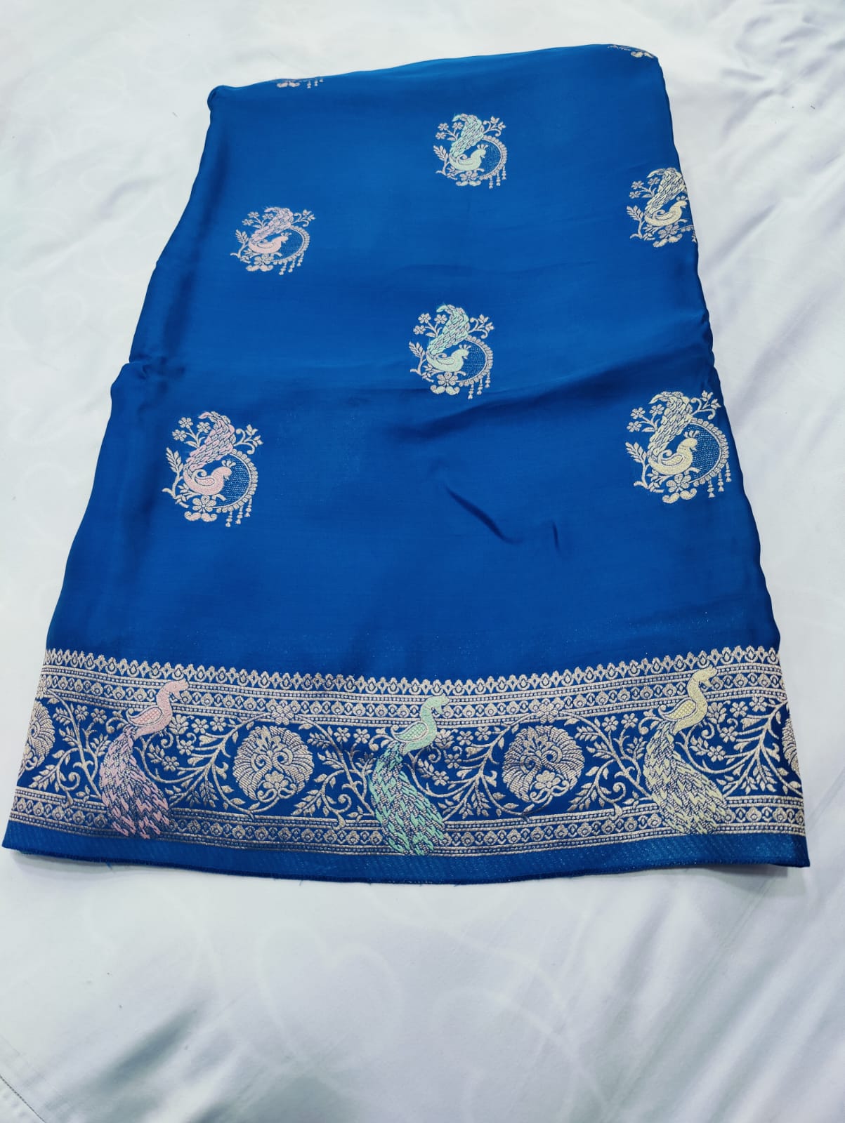 Banarasi Satin Saree with Silver Zari Peacock Embroidery