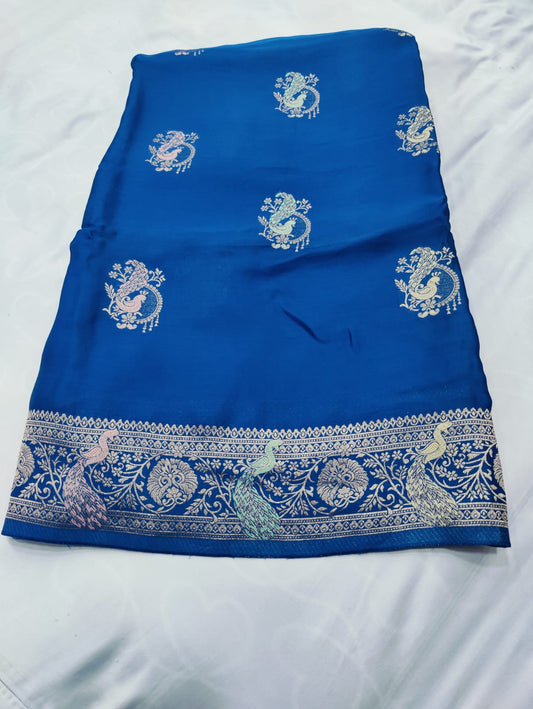 Banarasi Satin Saree with Silver Zari Peacock Embroidery