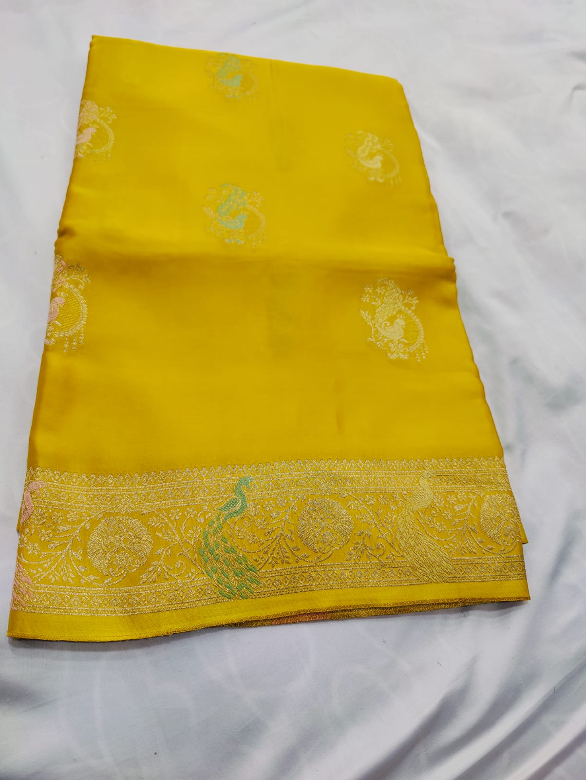 Banarasi Satin Saree with Silver Zari Peacock Embroidery