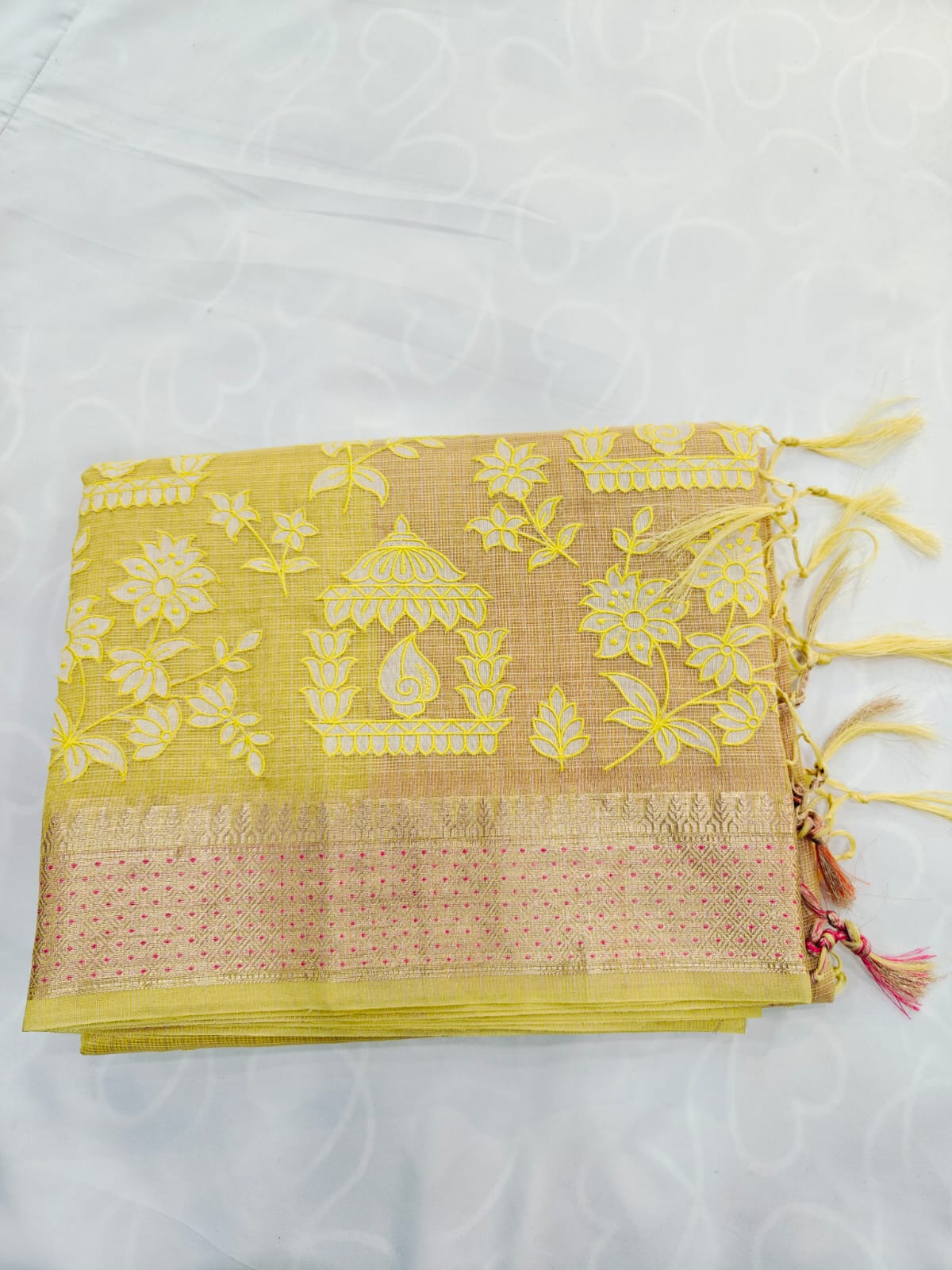 Tissue Appliqué Work Saree with Golden Zari Border