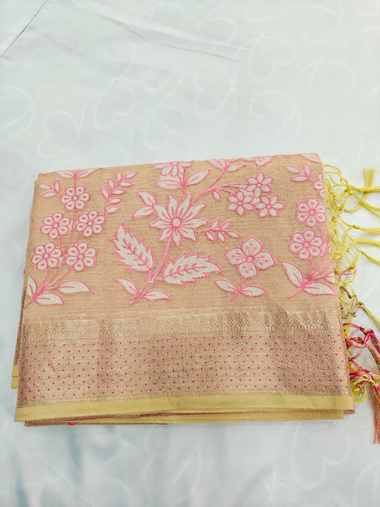 Tissue Appliqué Work Saree with Golden Zari Border