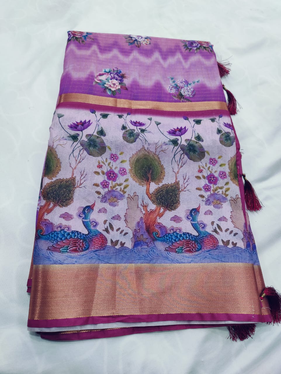 Tussar Silk Digital Print Saree with Peacock & Floral Motifs