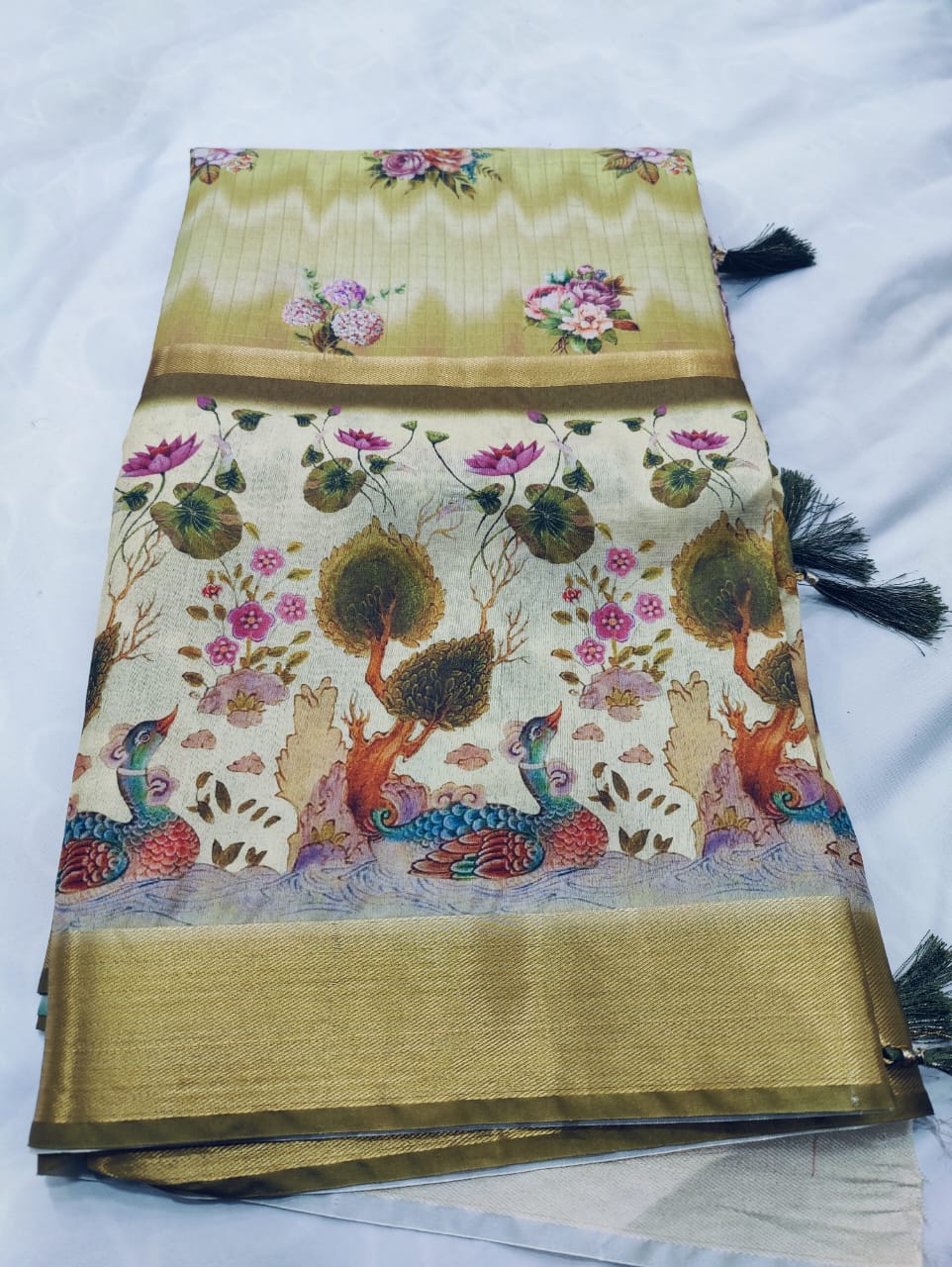 Tussar Silk Digital Print Saree with Peacock & Floral Motifs