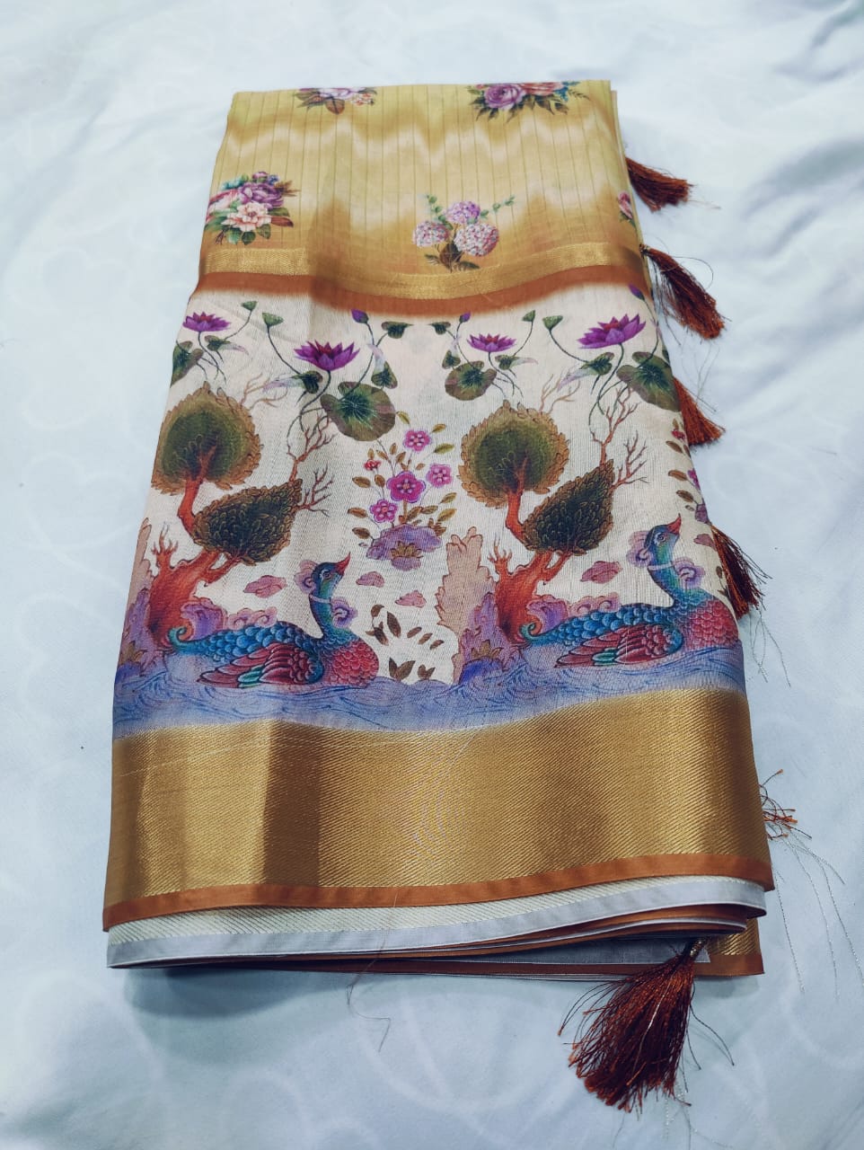 Tussar Silk Digital Print Saree with Peacock & Floral Motifs