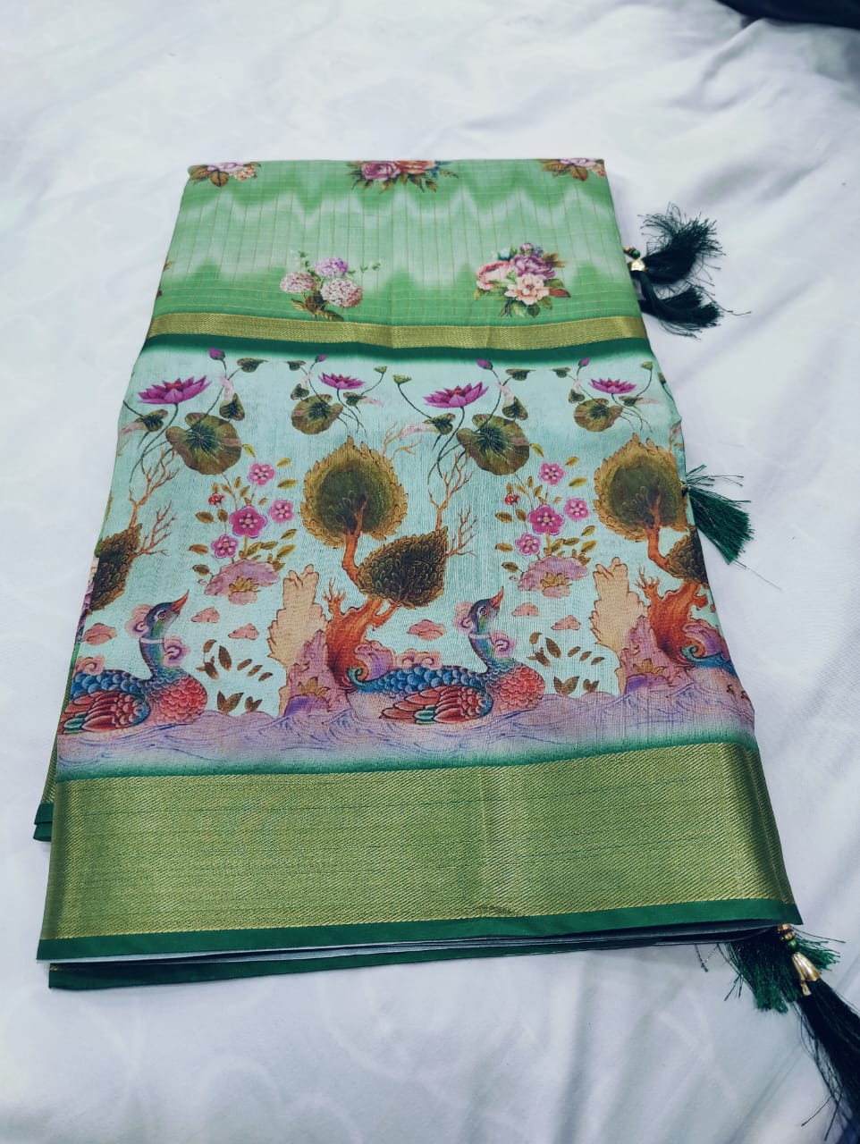 Tussar Silk Digital Print Saree with Peacock & Floral Motifs