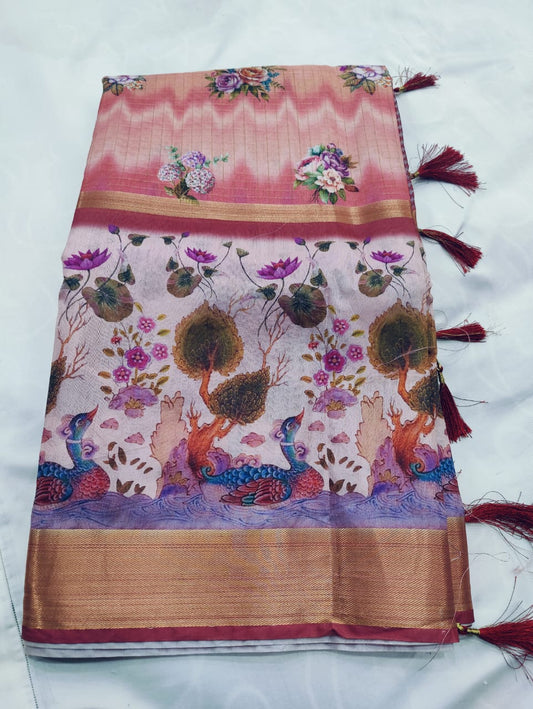 Tussar Silk Digital Print Saree with Peacock & Floral Motifs