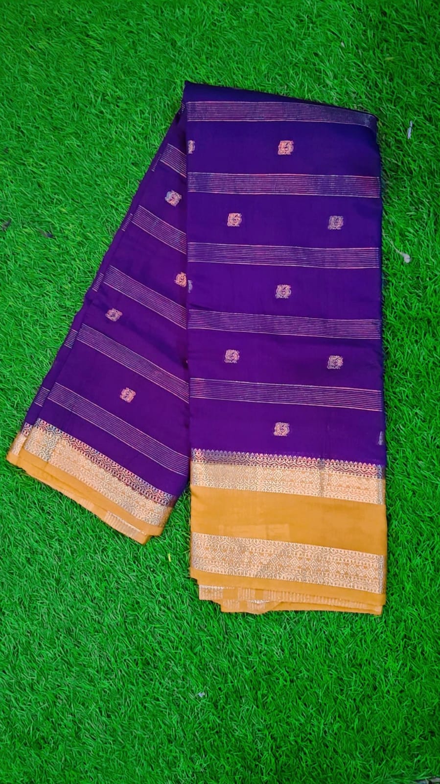 Semi Kanchipatu Saree - Yellow with Purple Border
