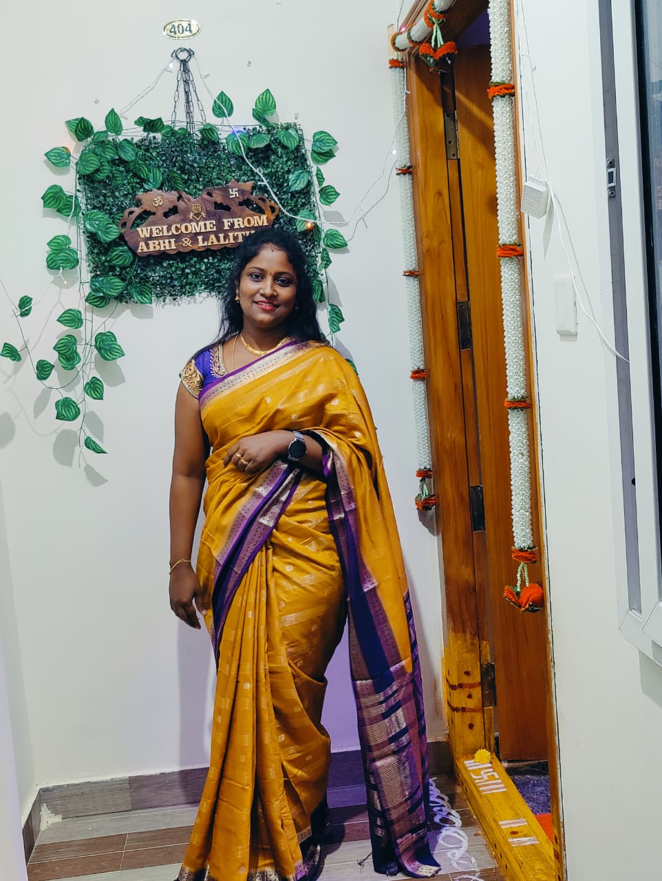 Semi Kanchipatu Saree - Yellow with Purple Border