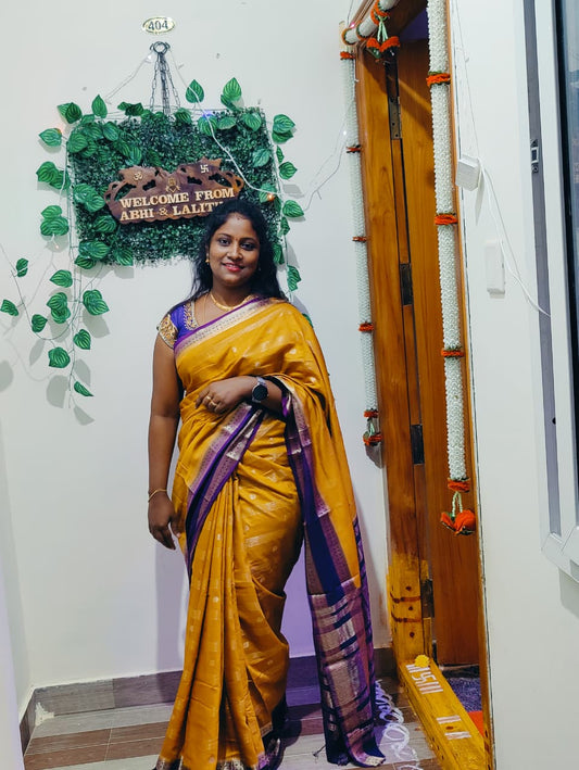 Semi Kanchipatu Saree - Yellow with Purple Border