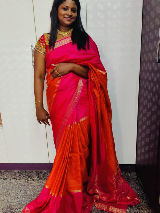 Vibrant Pink & Orange checks Silk Saree with Golden Zari Border