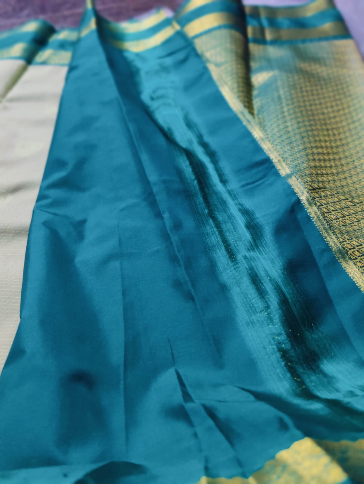 Premium Silk Saree with Gap Border - Half White & Teal Green