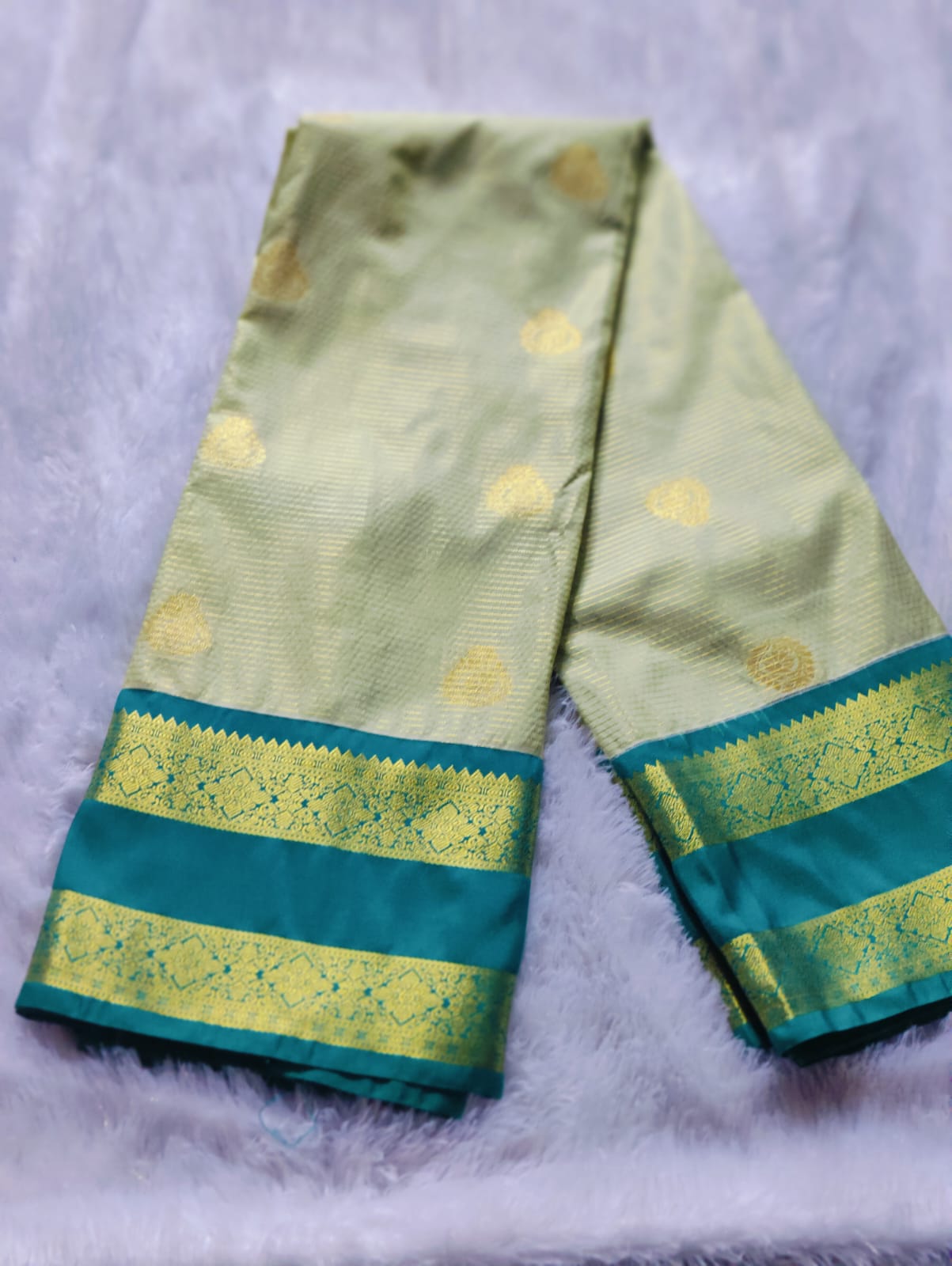 Premium Silk Saree with Gap Border - Half White & Teal Green