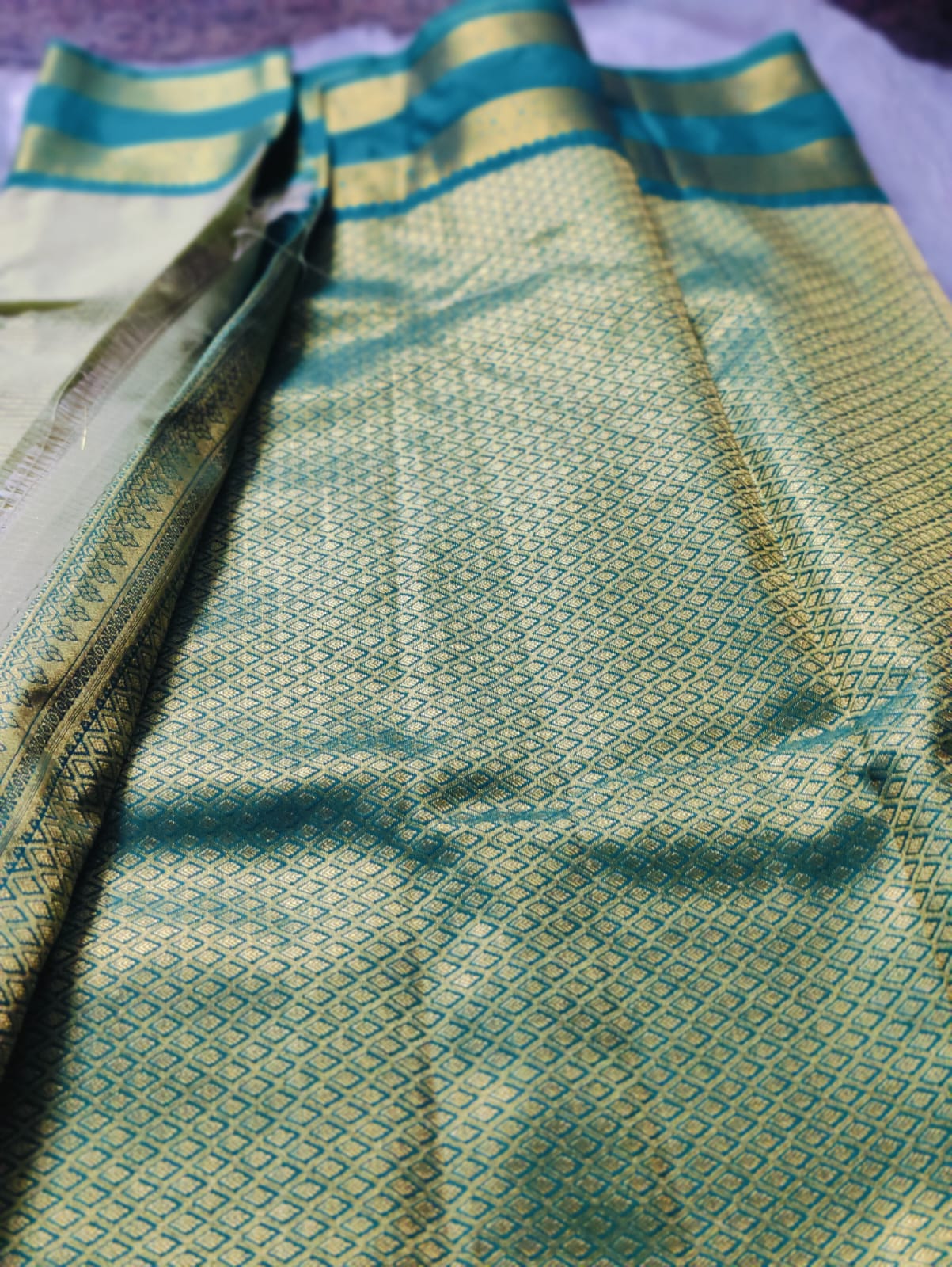 Premium Silk Saree with Gap Border - Half White & Teal Green