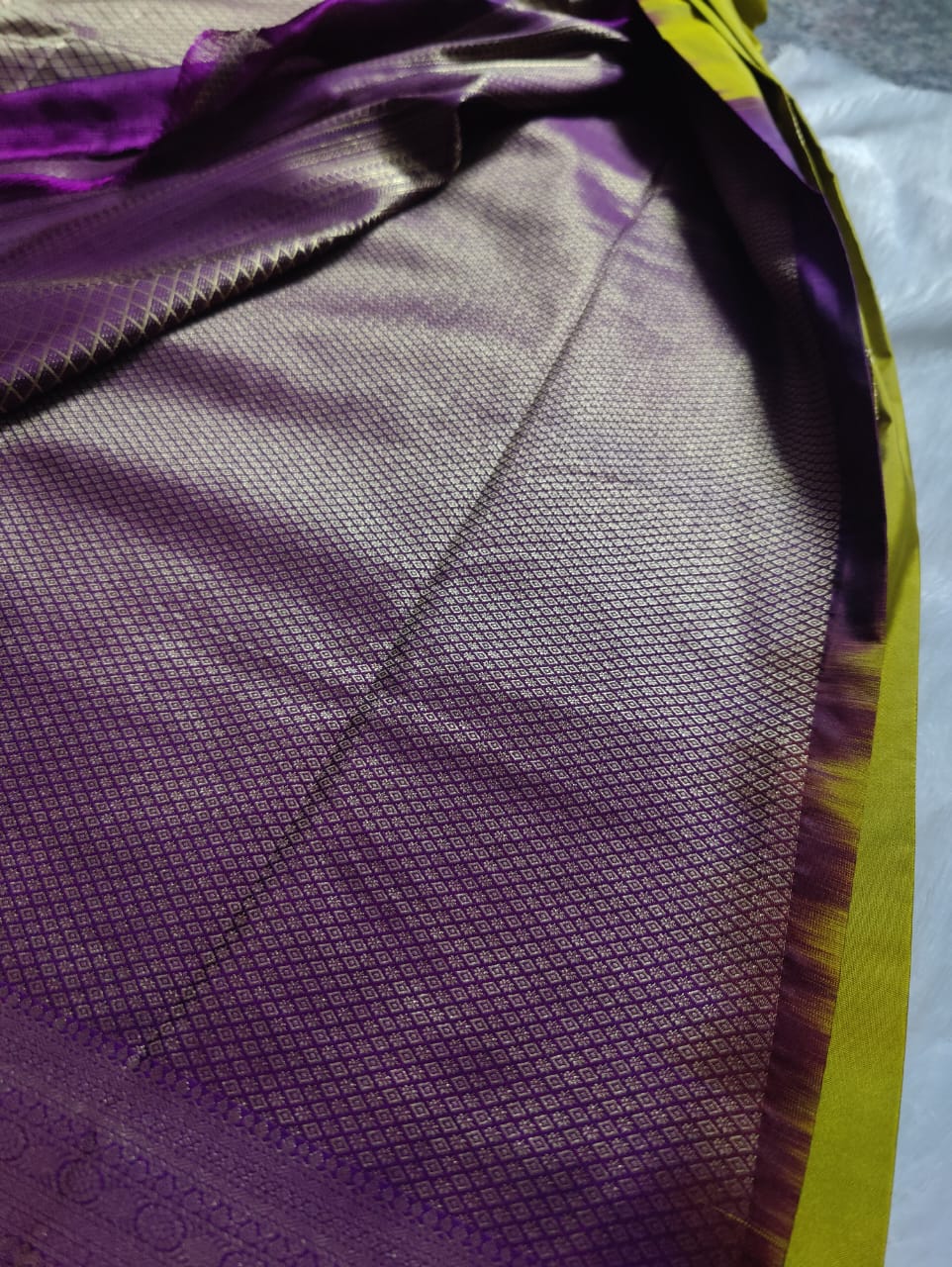 Premium Silk Saree with Golden Motifs - Olive Green & Purple