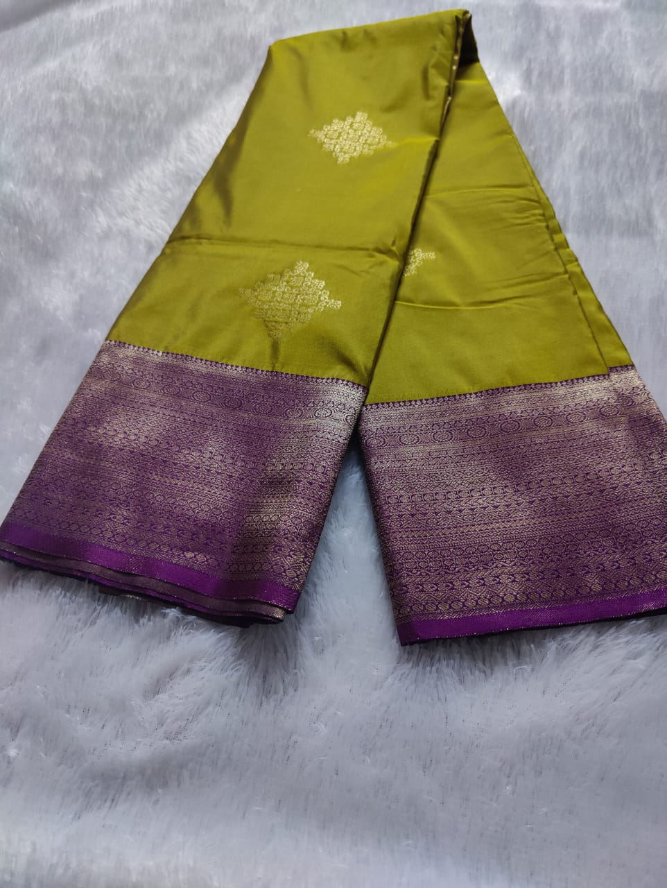 Premium Silk Saree with Golden Motifs - Olive Green & Purple