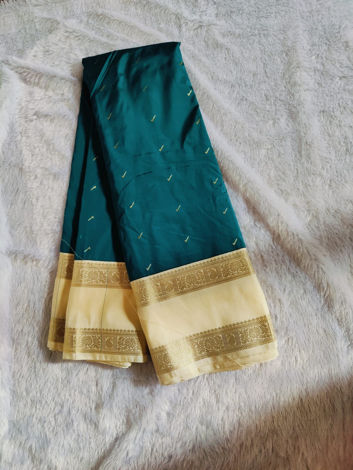 Teal Silk Saree with Golden Border and Zari Butta