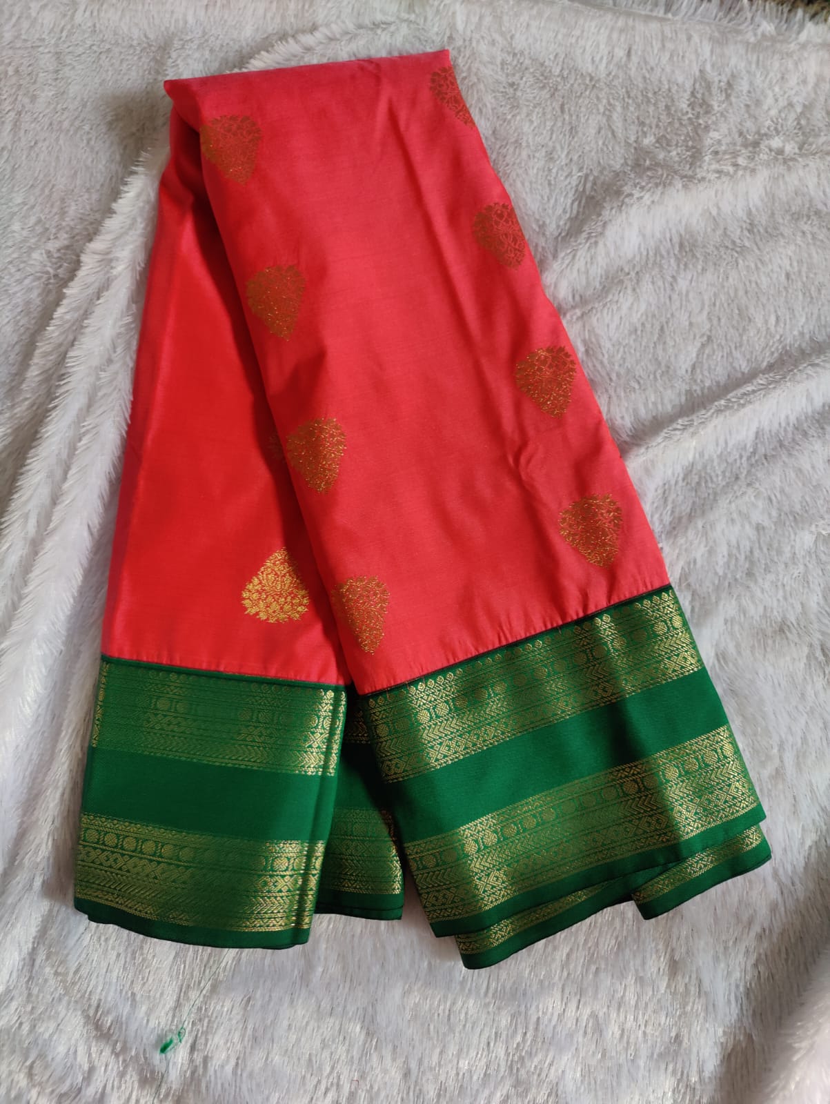 Coral light pink Silk Saree with Emerald Green Border and Gold Zari