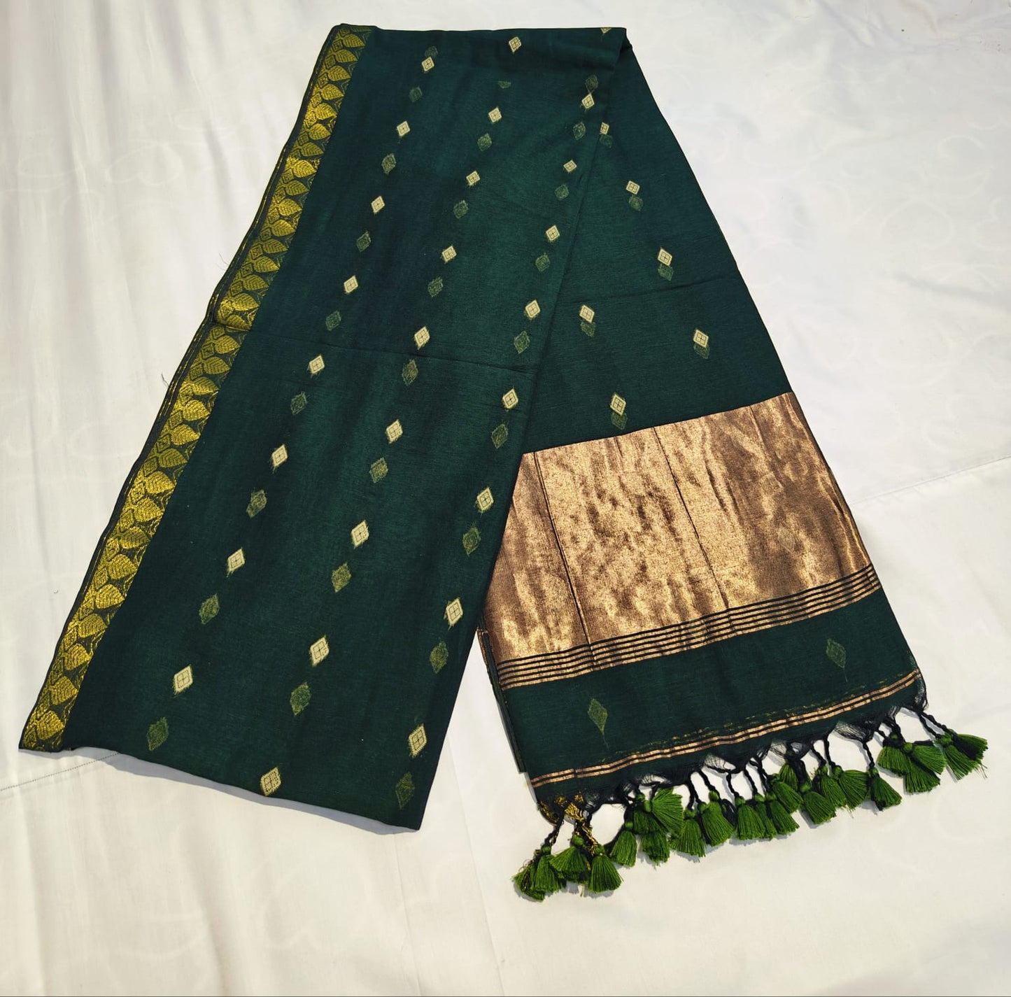 Cotton Silk Saree with Golden Zari Border & Butta Work