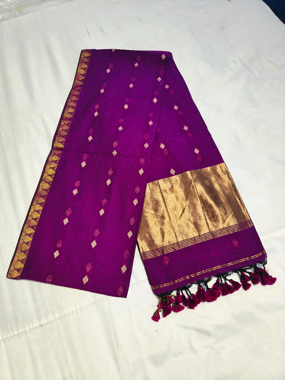 Cotton Silk Saree with Golden Zari Border & Butta Work