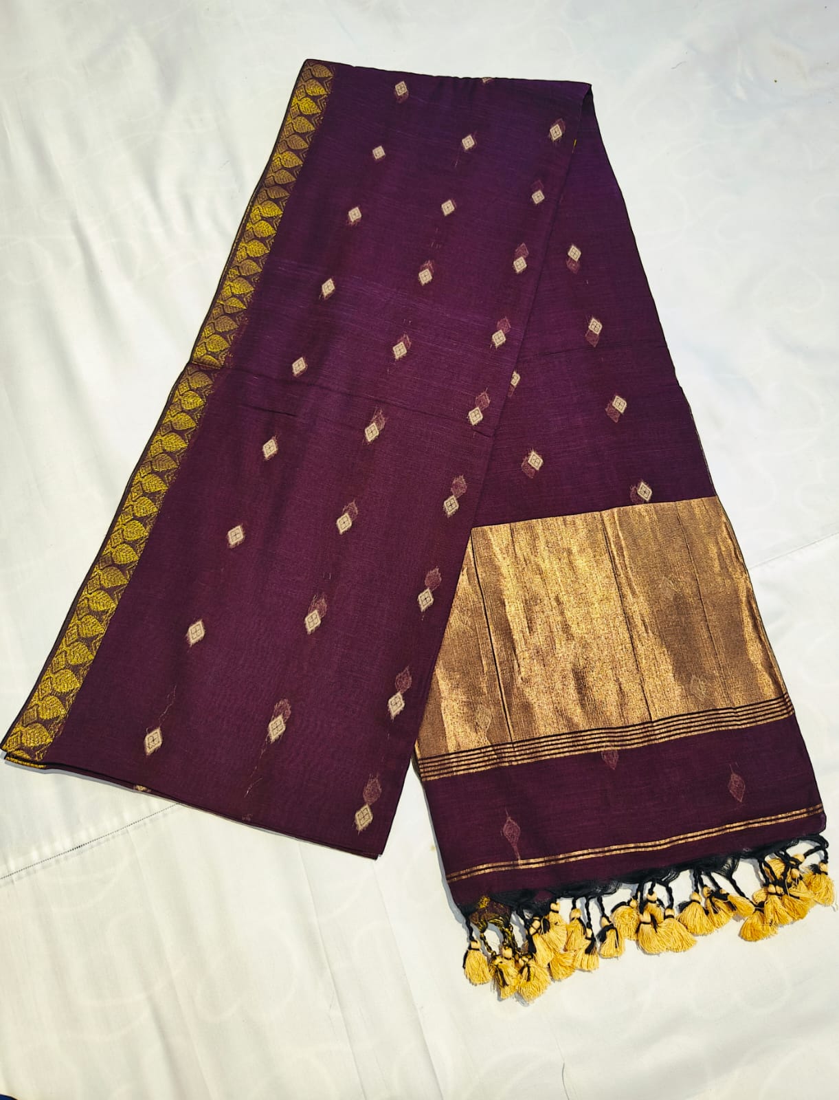 Cotton Silk Saree with Golden Zari Border & Butta Work