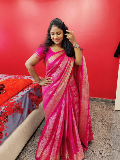 Satin Silk -Woven jacquard zari border with paisley and peacock motifs