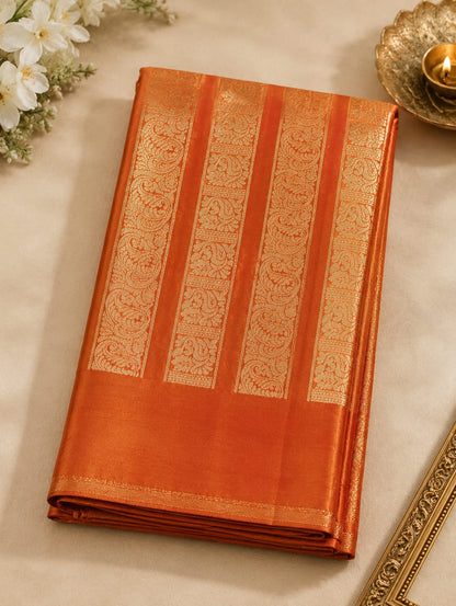 Satin Silk -Woven jacquard zari border with paisley and peacock motifs