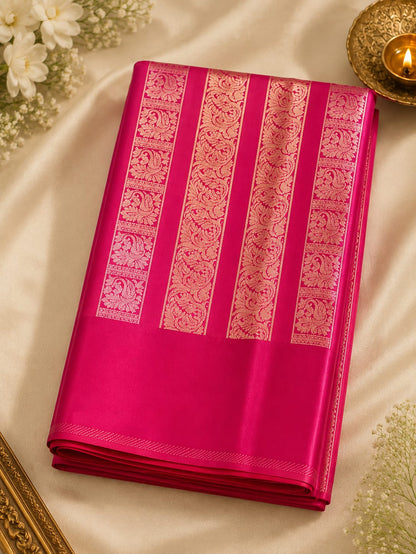 Satin Silk -Woven jacquard zari border with paisley and peacock motifs