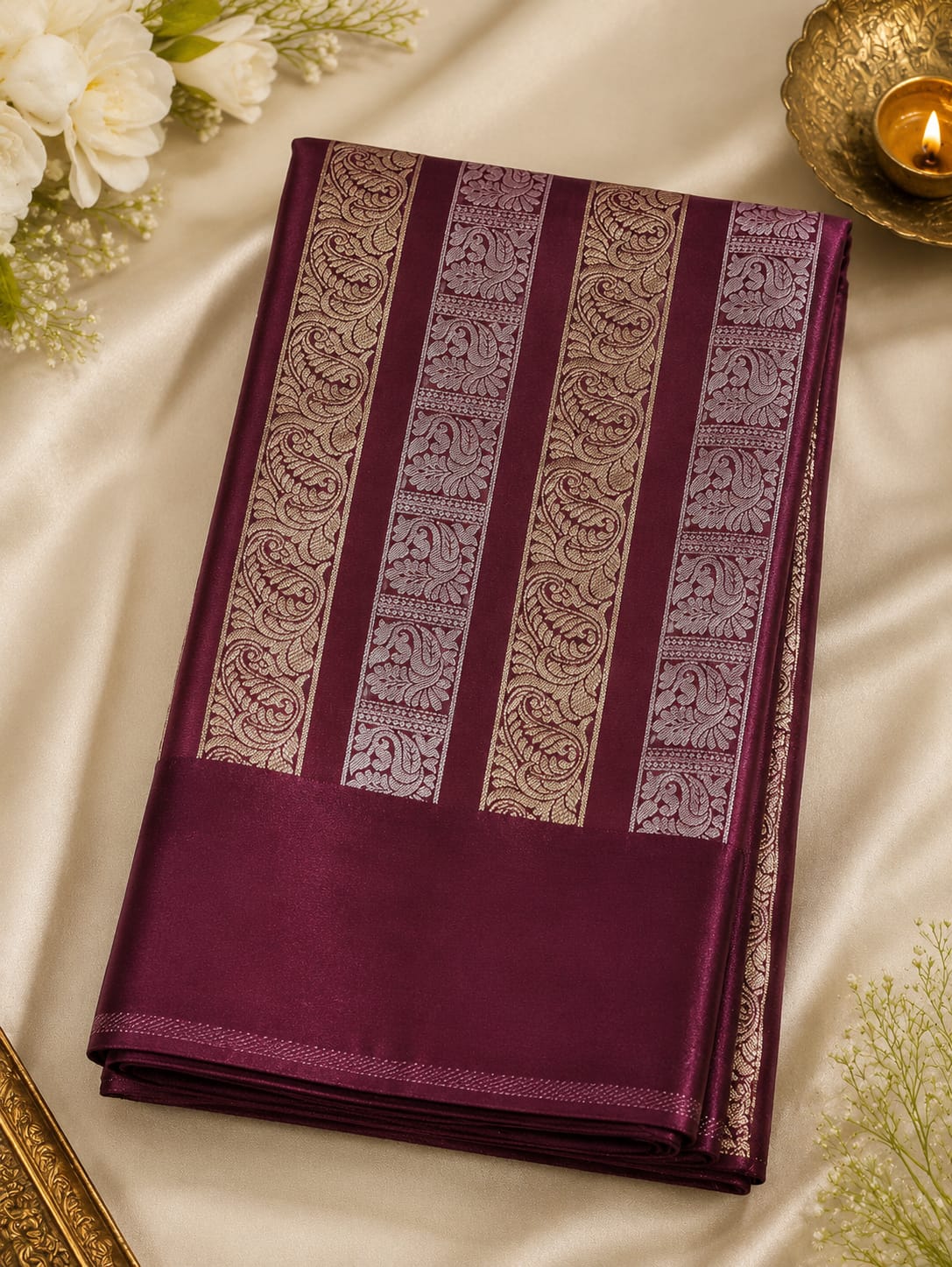 Satin Silk -Woven jacquard zari border with paisley and peacock motifs