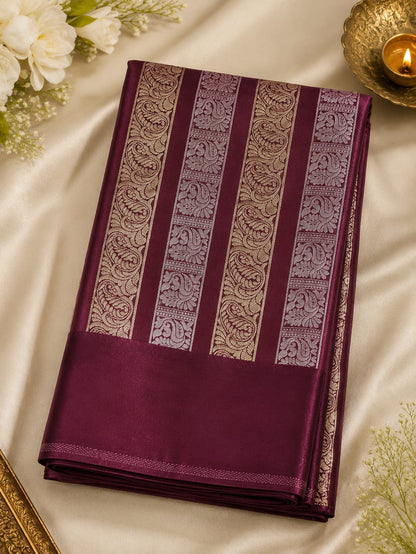 Satin Silk -Woven jacquard zari border with paisley and peacock motifs