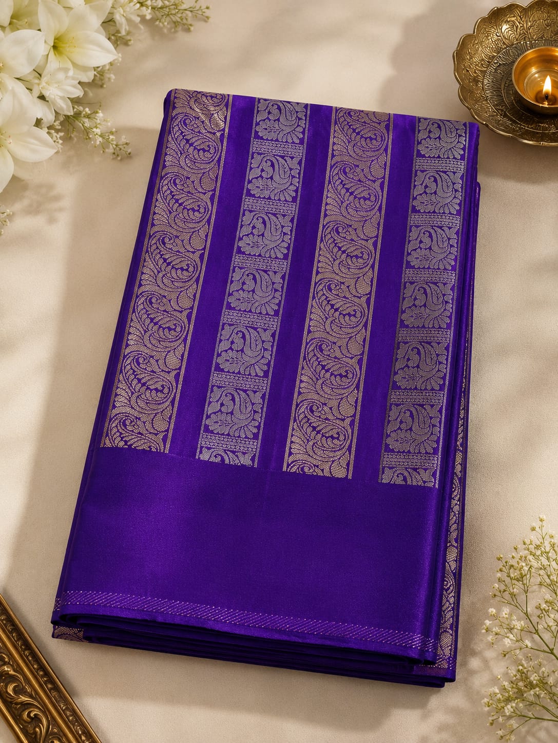 Satin Silk -Woven jacquard zari border with paisley and peacock motifs