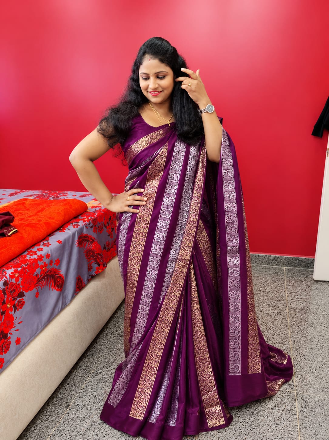 Satin Silk -Woven jacquard zari border with paisley and peacock motifs