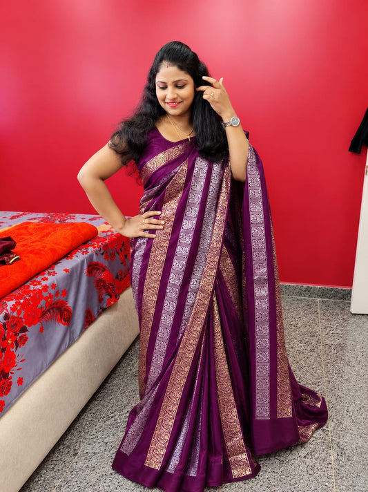 Satin Silk -Woven jacquard zari border with paisley and peacock motifs