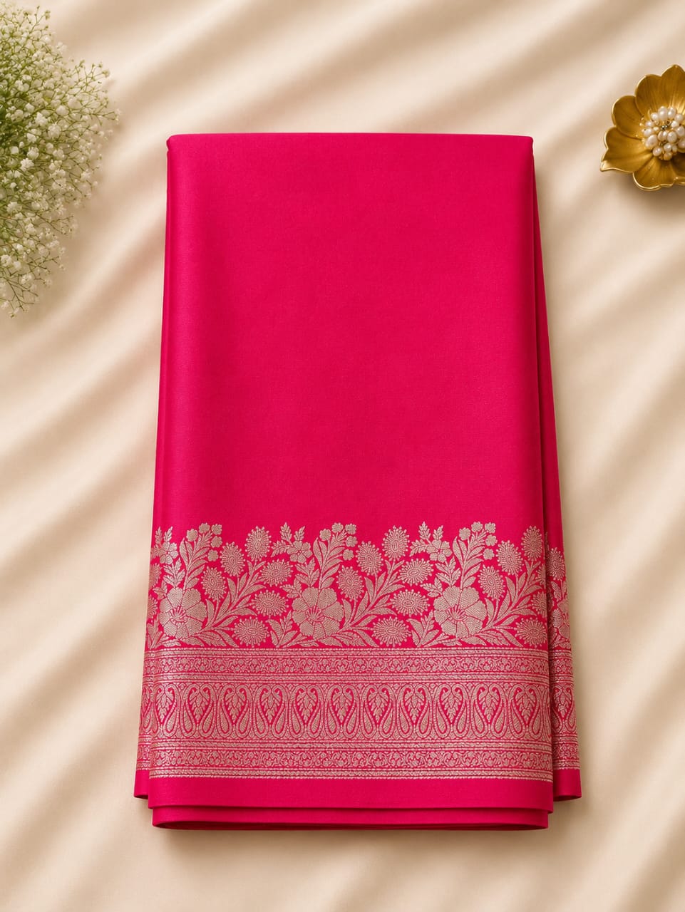 Mysore crepe silk Saree with beautiful Silver Zari Floral bottom work