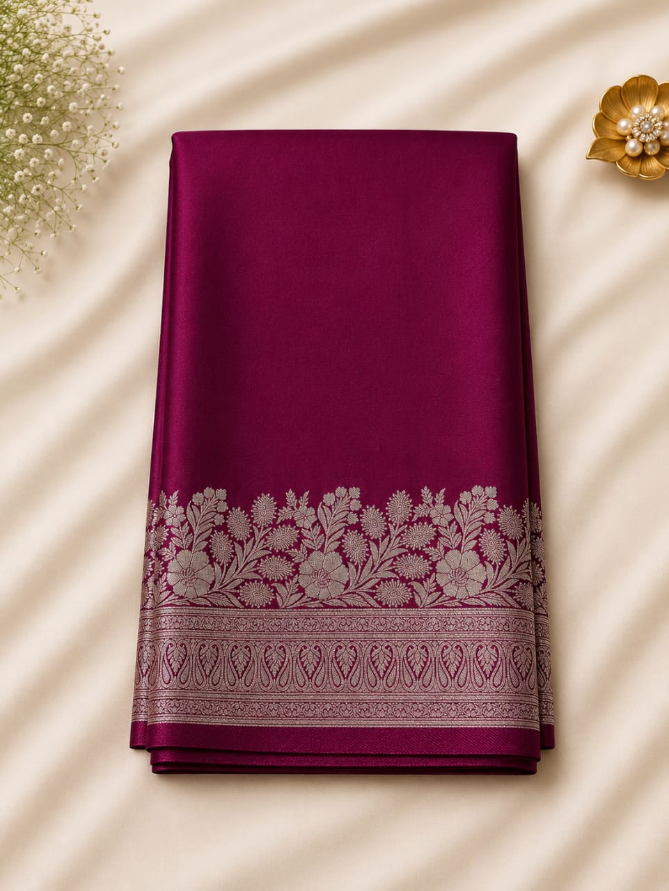 Mysore crepe silk Saree with beautiful Silver Zari Floral bottom work