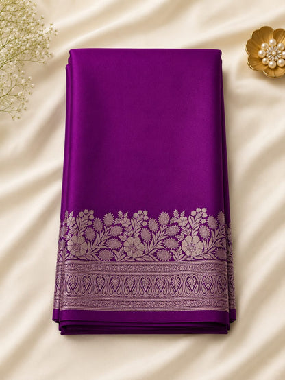 Mysore crepe silk Saree with beautiful Silver Zari Floral bottom work