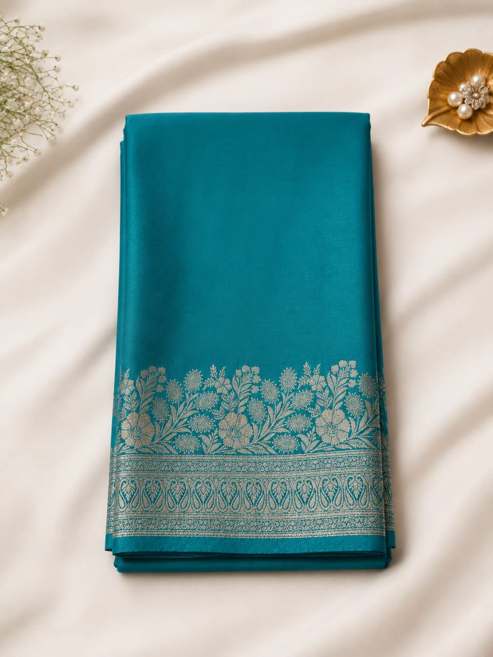 Mysore crepe silk Saree with beautiful Silver Zari Floral bottom work