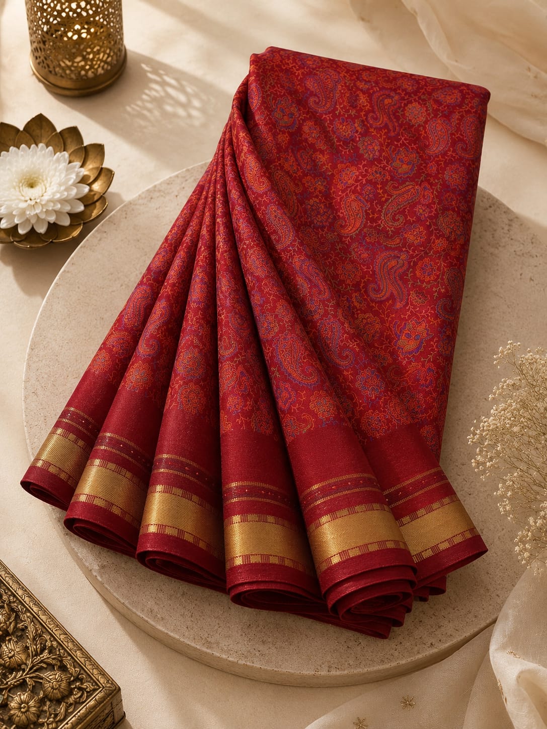 Premium Georgette Saree - Self floral design with golden Zari border