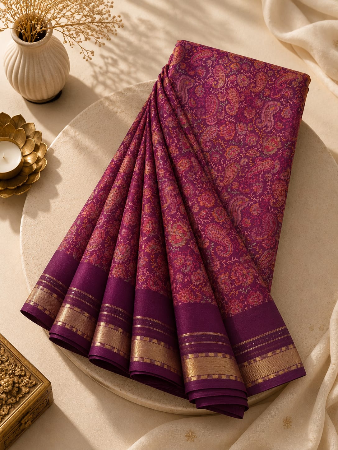 Premium Georgette Saree - Self floral design with golden Zari border