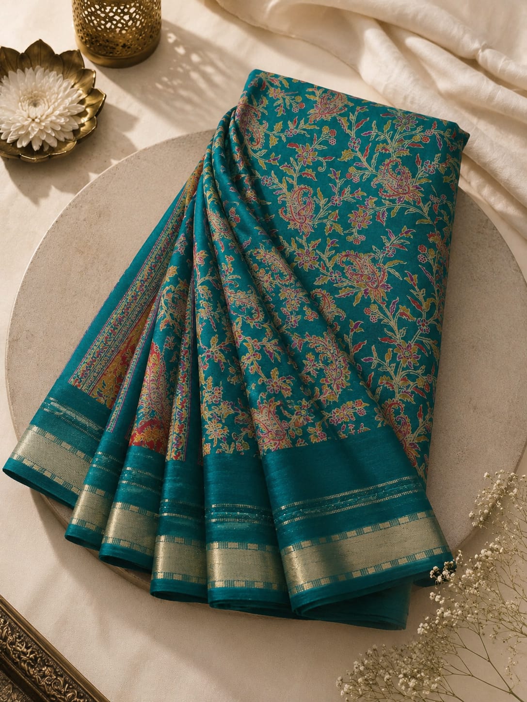 Premium Georgette Saree - Self floral design with golden Zari border
